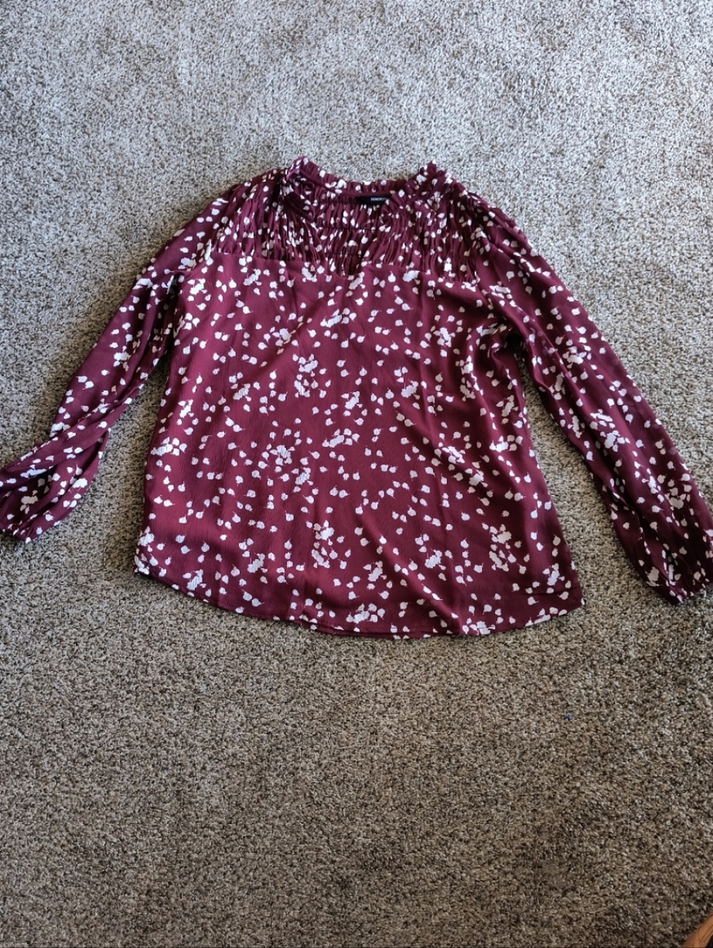 Smocked Yoke Long-Sleeve Blouse - Burgundy with White Print
